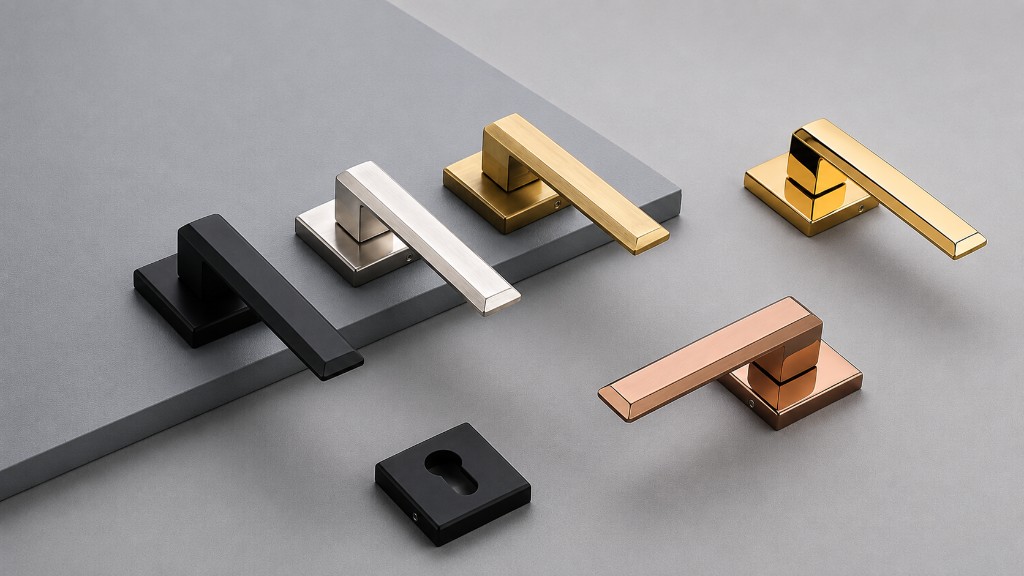 Modern lever door handles in matte black, nickel, brass, gold, and rose gold finishes